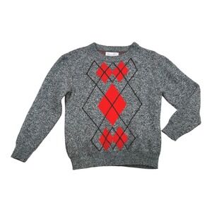 Vintage Glamour Knit Argyle Sweater Gray Red Made USA‎ 70s 80s Unisex Small